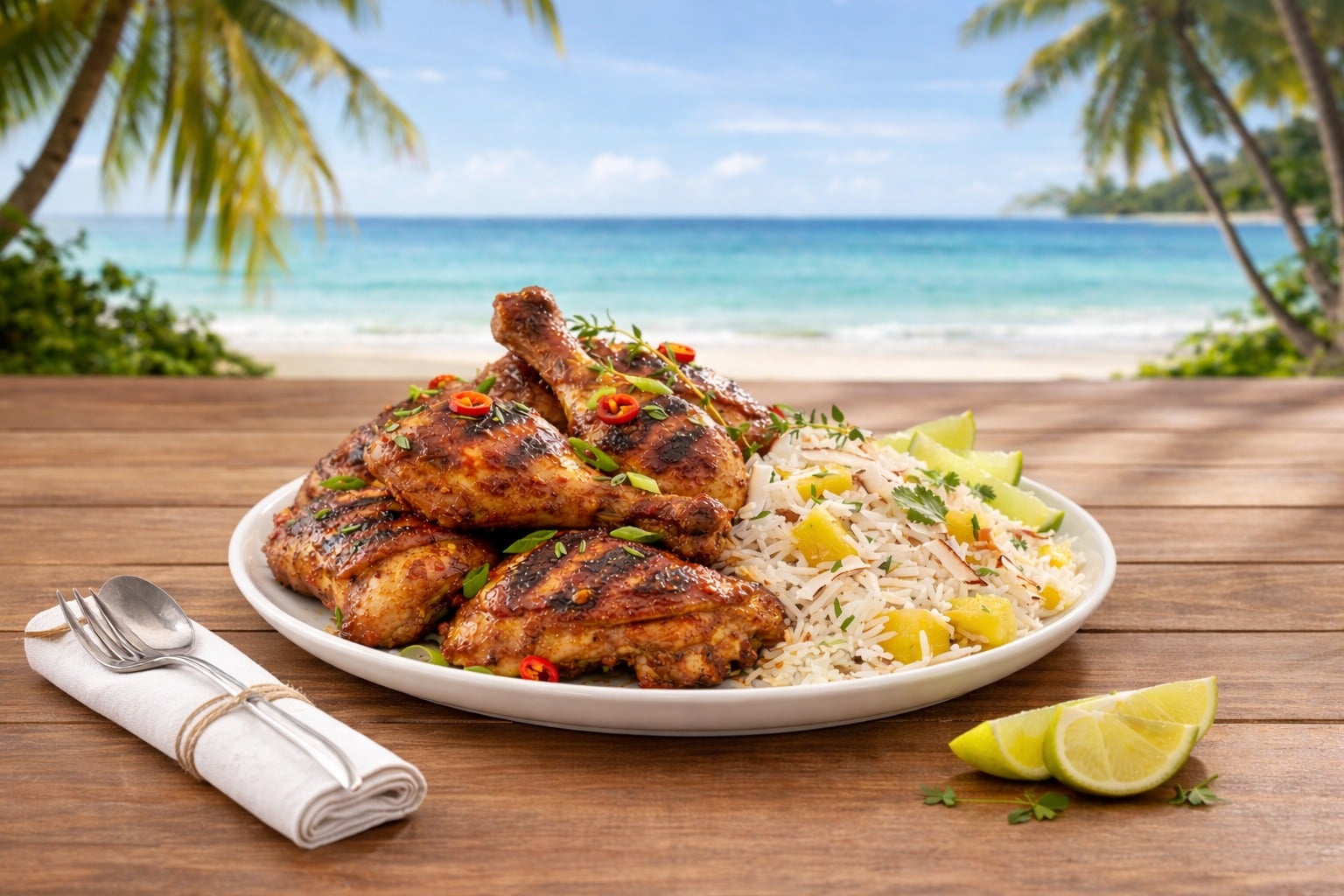 ރޯދަ ރެސިޕީ: ކެރީބިއަން ޖަރކް ޗިކެން ވިތް ޕައިންއެޕަލް-ކޮކޮނަޓް ރައިސް