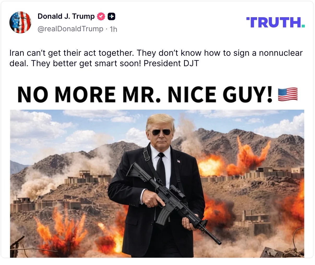 އޭއައި ބޭނުންކޮށްގެން ތައްޔާރުކޮށްފައިވާ އަމިއްލަފުޅު ފޮޓޯއަކާއެކު، ޓްރަމްޕް އީރާނަށް ހަރުކަށި އިންޒާރެއް ދެއްވައިފި